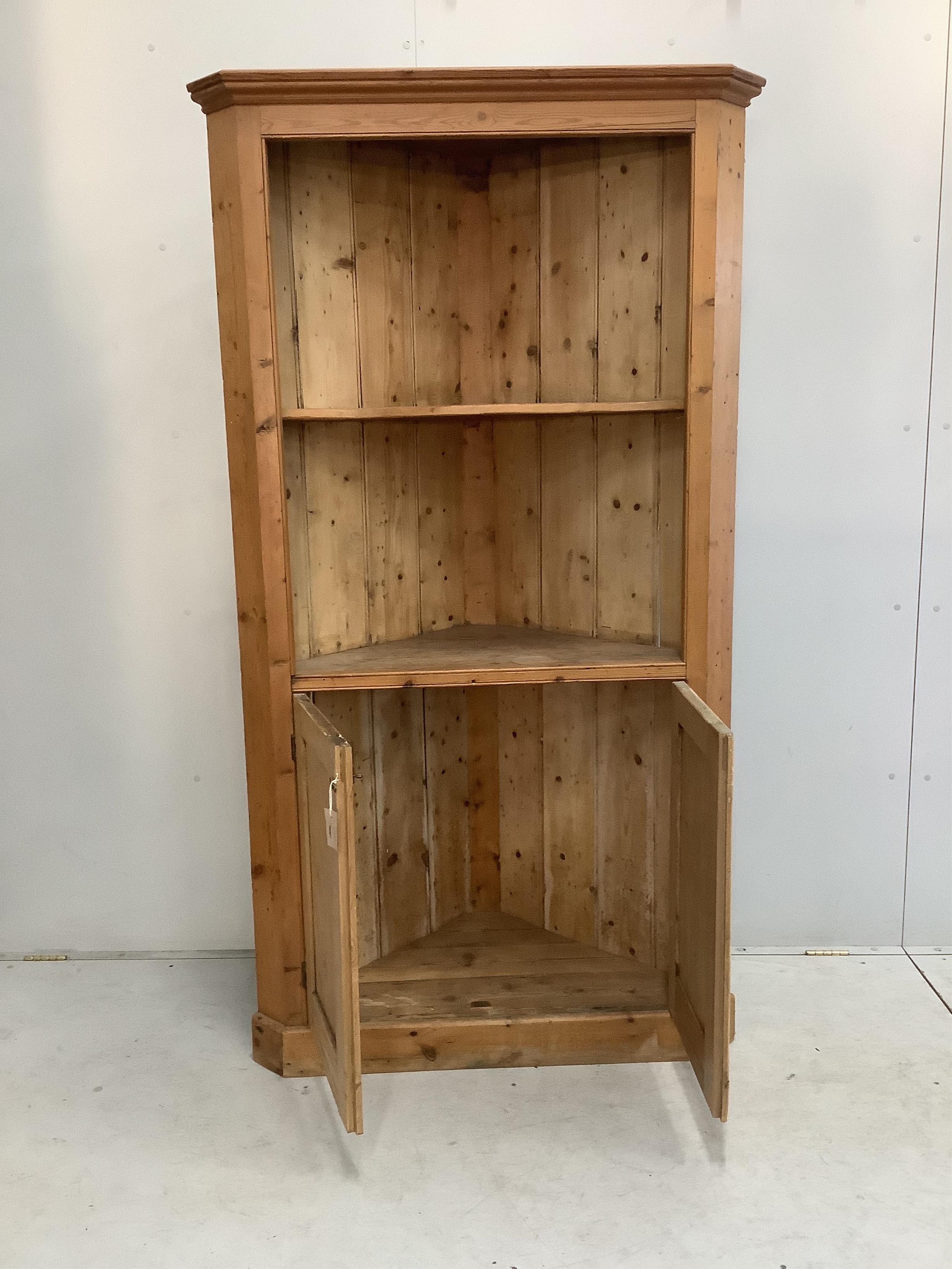 A 19th century pine standing corner cupboard, width 106cm, depth 52cm, height 199cm. Condition - fair